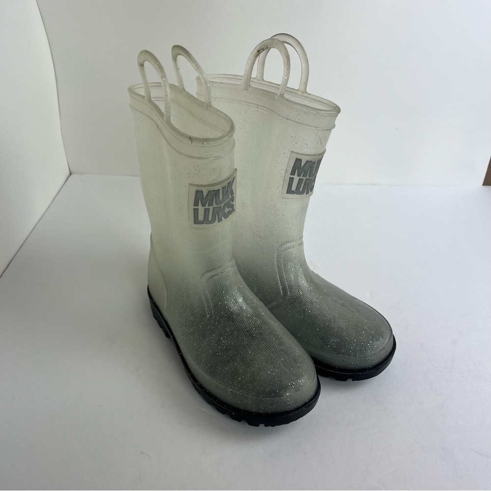 MUK LUKS Kids Clear Rain Boots Silver Glitter Black Sturdy Tread Size 11/12